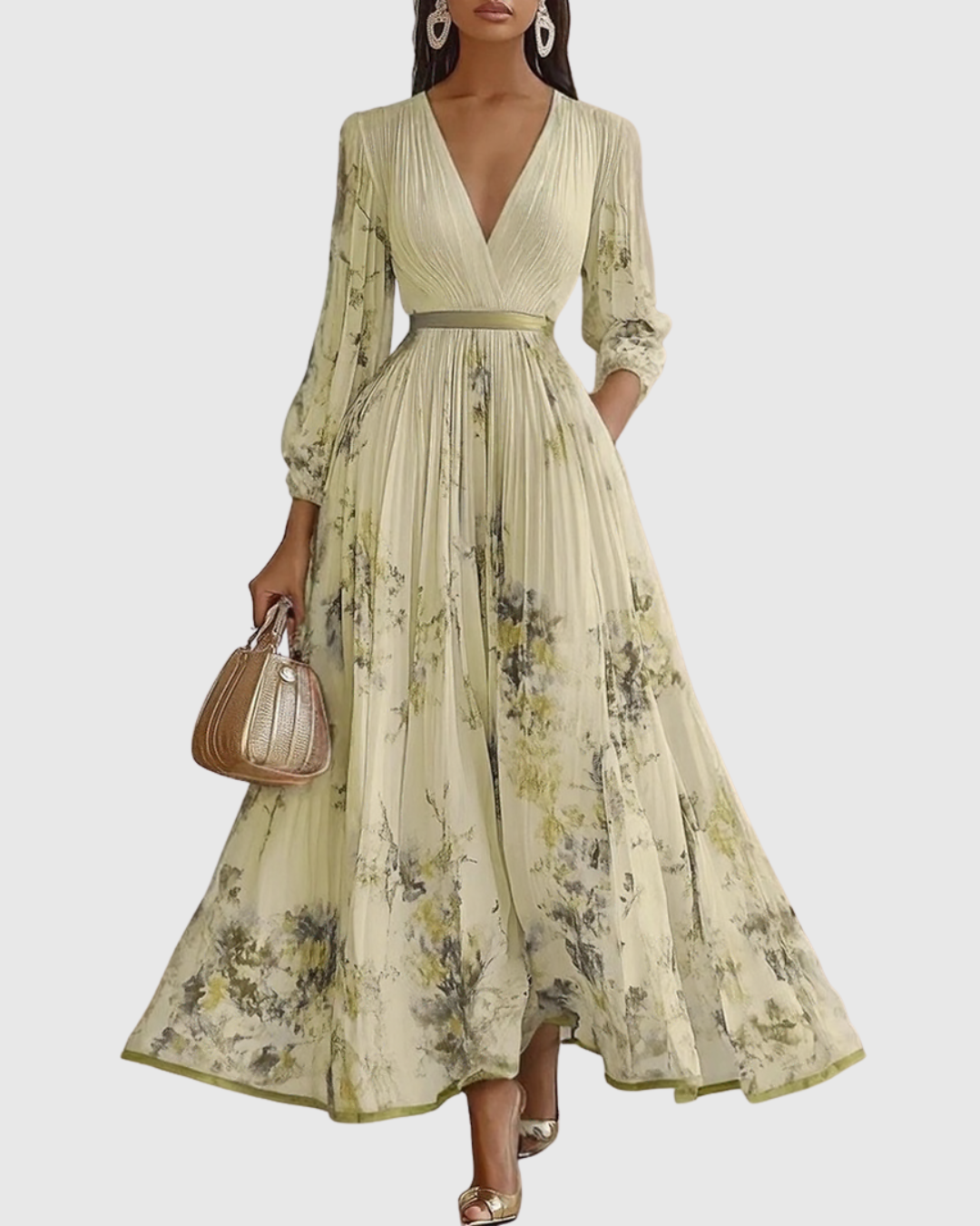 Vestito midi con scollo a V — gonna plissettata e tasche — eventi