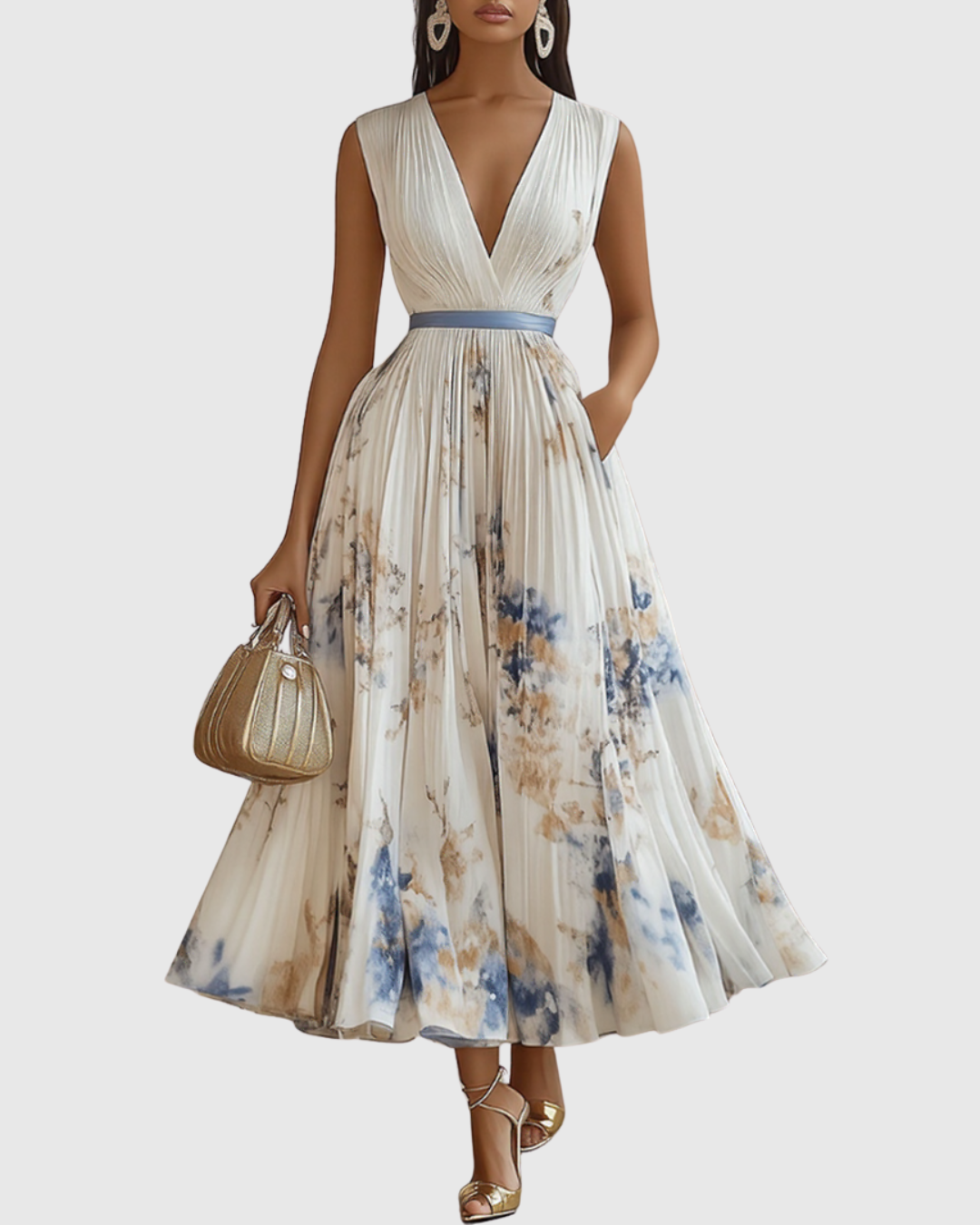 Robe midi col en V — jupe plissée et poches — événements
