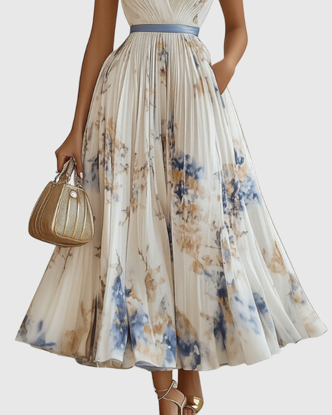 Vestito midi con scollo a V — gonna plissettata e tasche — eventi