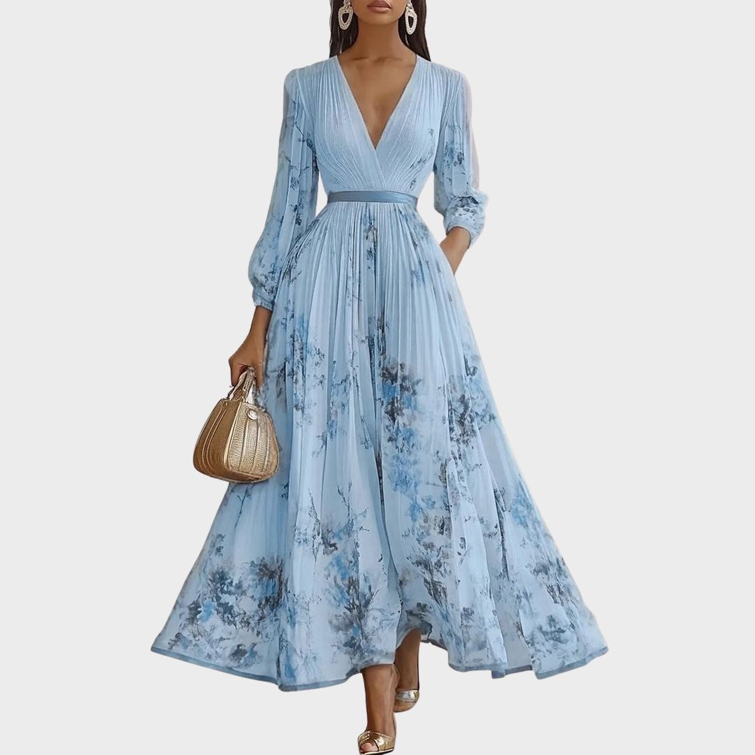 Vestito midi con scollo a V — gonna plissettata e tasche — eventi
