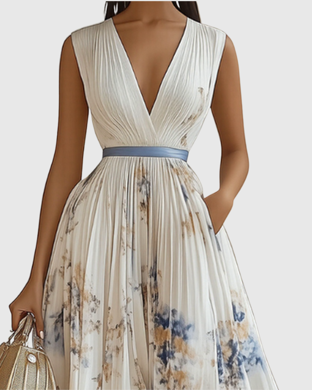 Robe midi col en V — jupe plissée et poches — événements