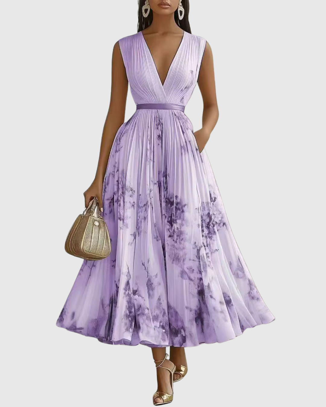 Vestito midi con scollo a V — gonna plissettata e tasche — eventi