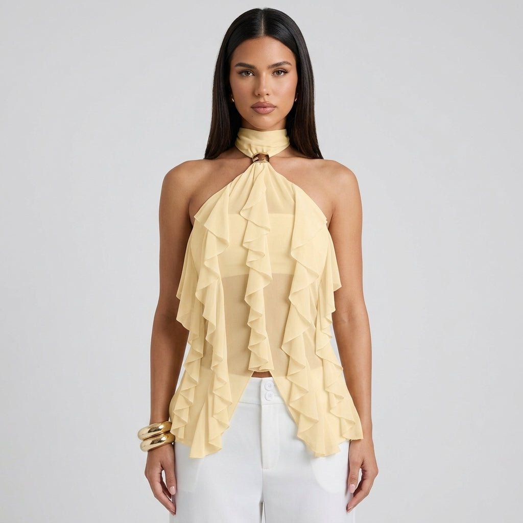 Top halter donna con volant | blusa senza maniche per eventi