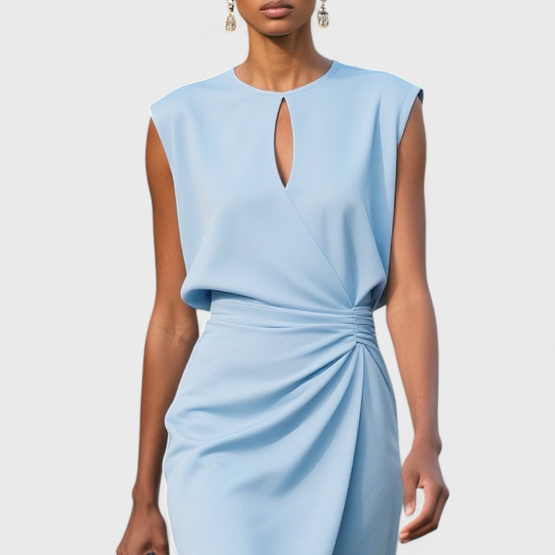 Midi Wrap Dress with Side Pleats and Round Neck for Women