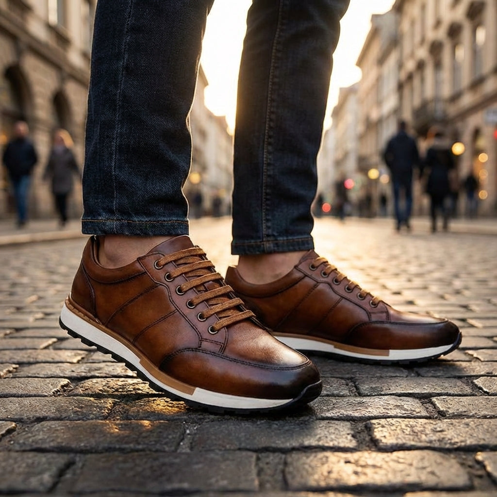 Pantofi sport din piele naturală pentru bărbați cu șireturi și talpă de cauciuc antiderapantă