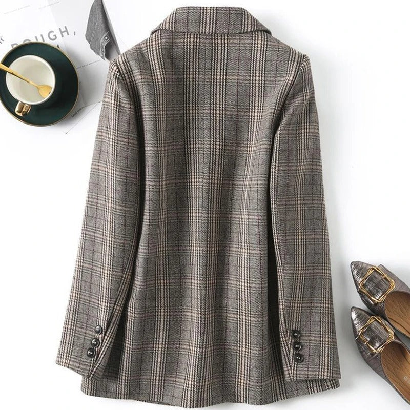 Sacou cu carouri pentru femei, cu închidere simplă cu nasturi și amestec de bumbac