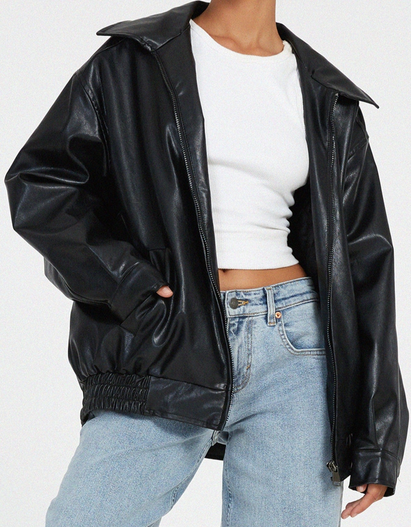 Veste bomber en cuir synthétique pour femme avec col et fermeture éclair