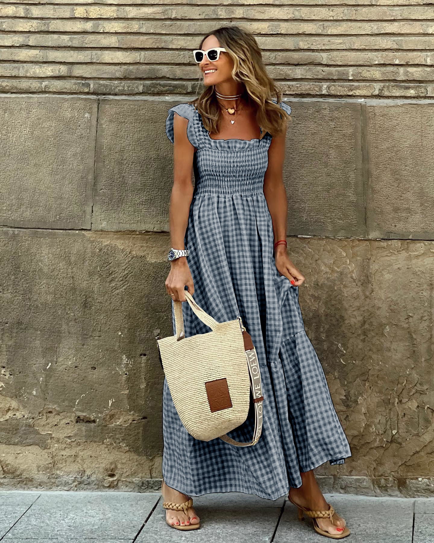 Long checkered dress | midi dress with ruched bodice