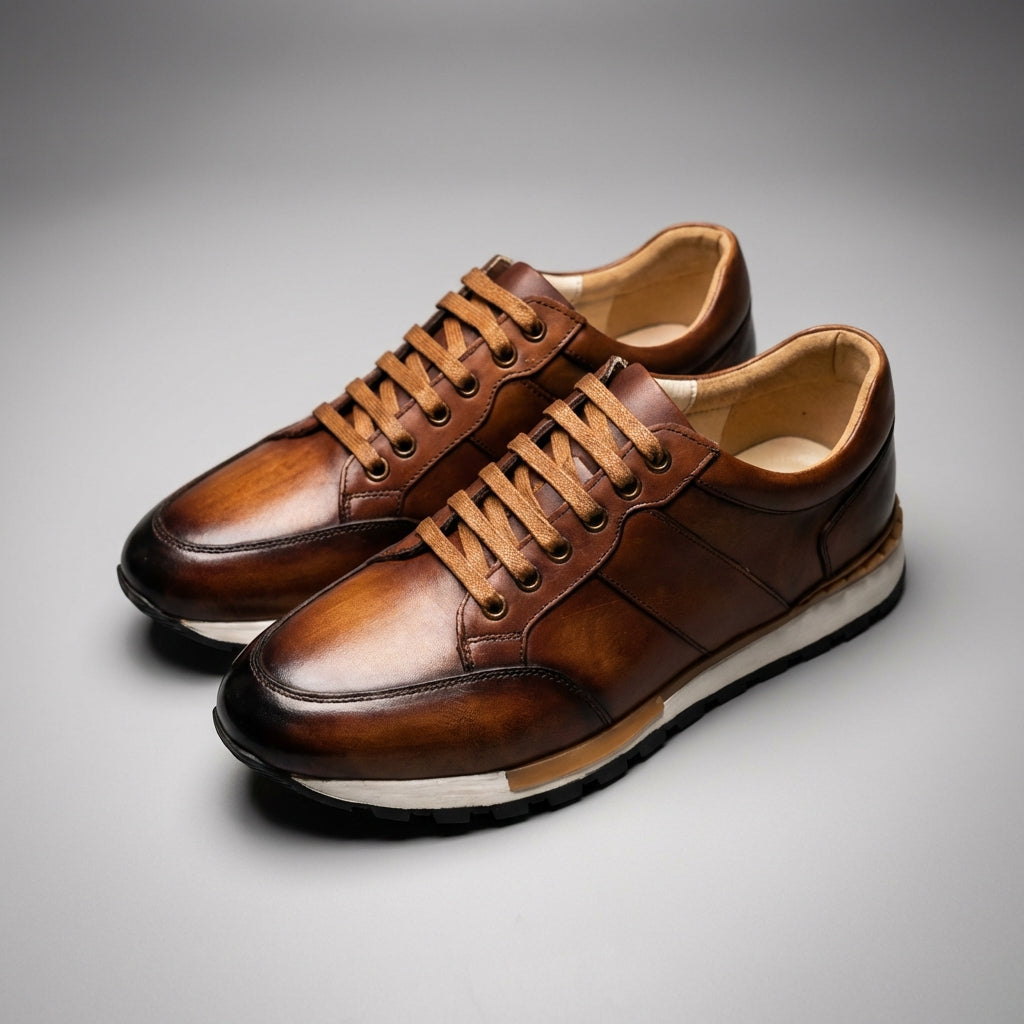 Pantofi sport din piele naturală pentru bărbați cu șireturi și talpă de cauciuc antiderapantă