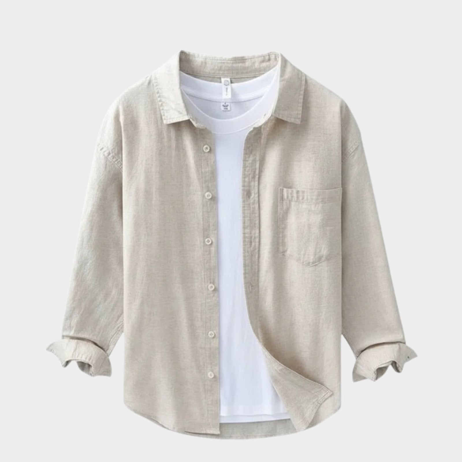 Camicia da Uomo in Cotone e Lino a Manica Lunga con Colletto a Risvolto e Bottoni