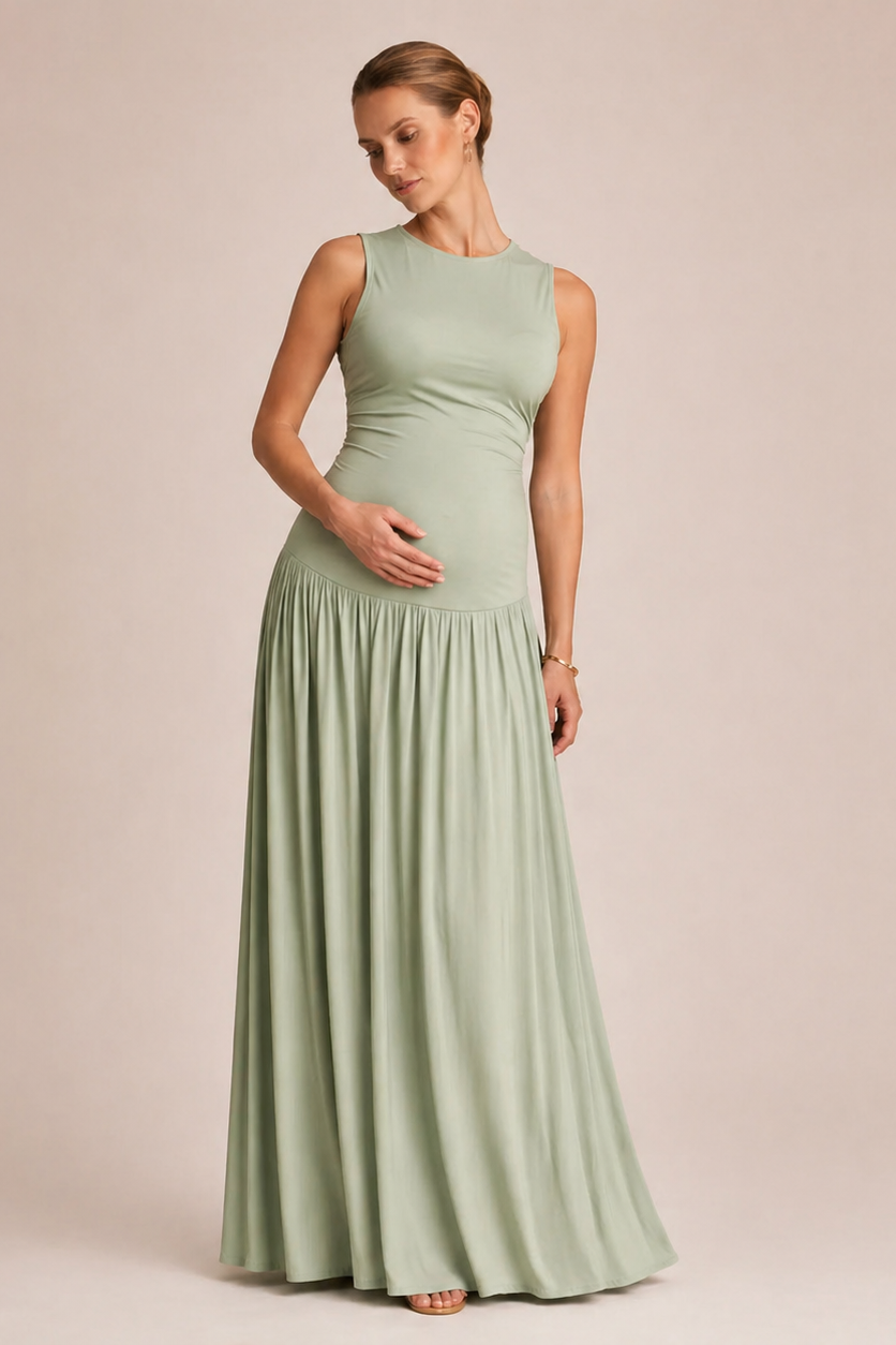 Rochie lungă elegantă de maternitate fără mâneci