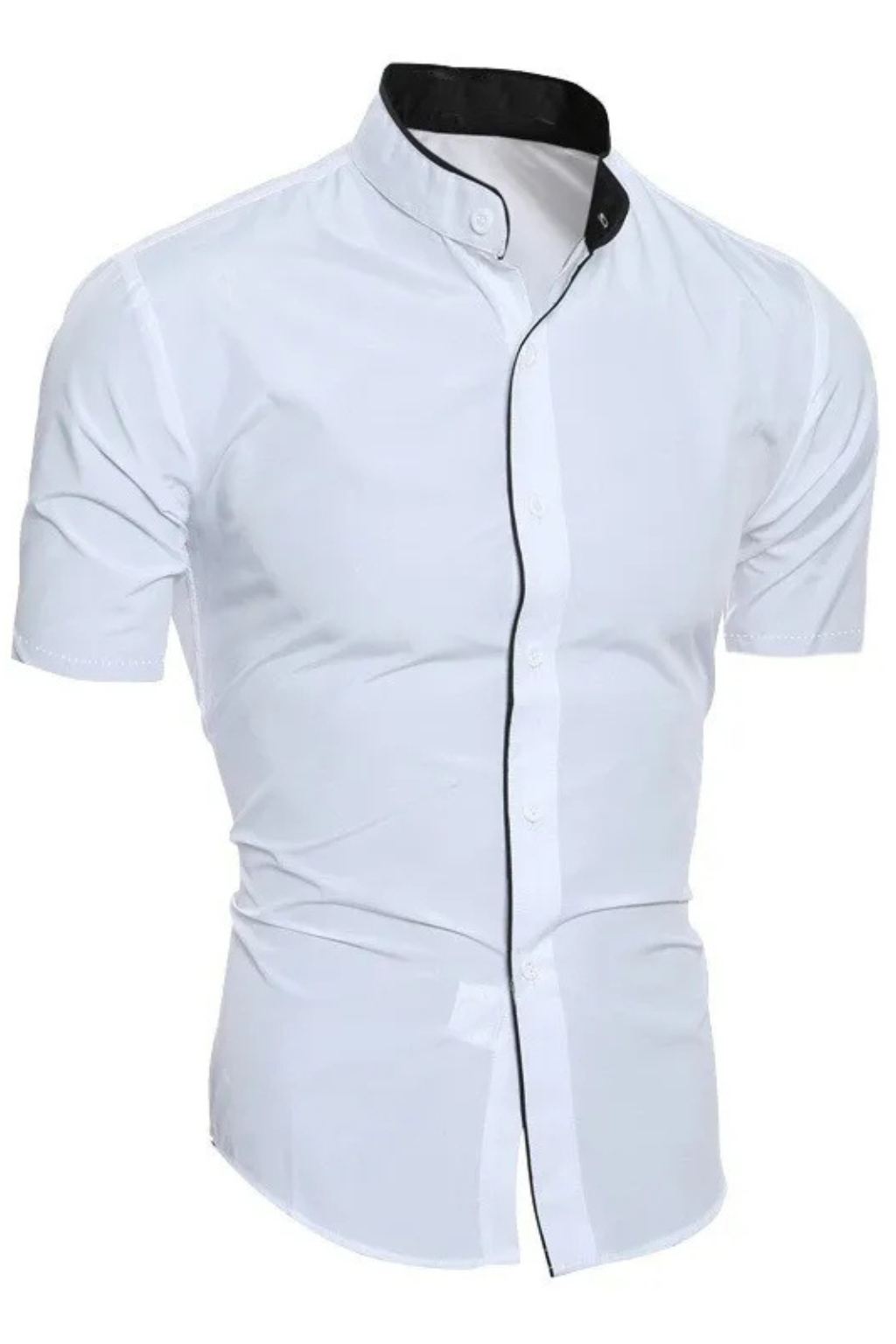 Men's Slim Fit Short Sleeve Shirt with Mandarin Collar and Contrast Trim