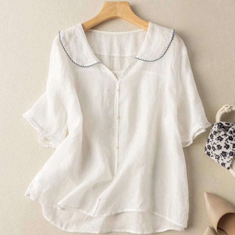 Blouse en lin style vintage avec col festonné et boutons pour femme
