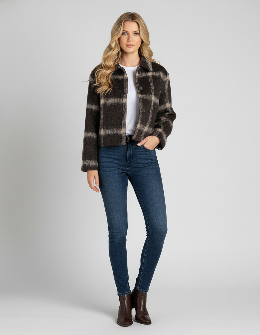 Chaqueta Corta de Cuadros con Botones Frontales y Cuello Camisero para Mujer