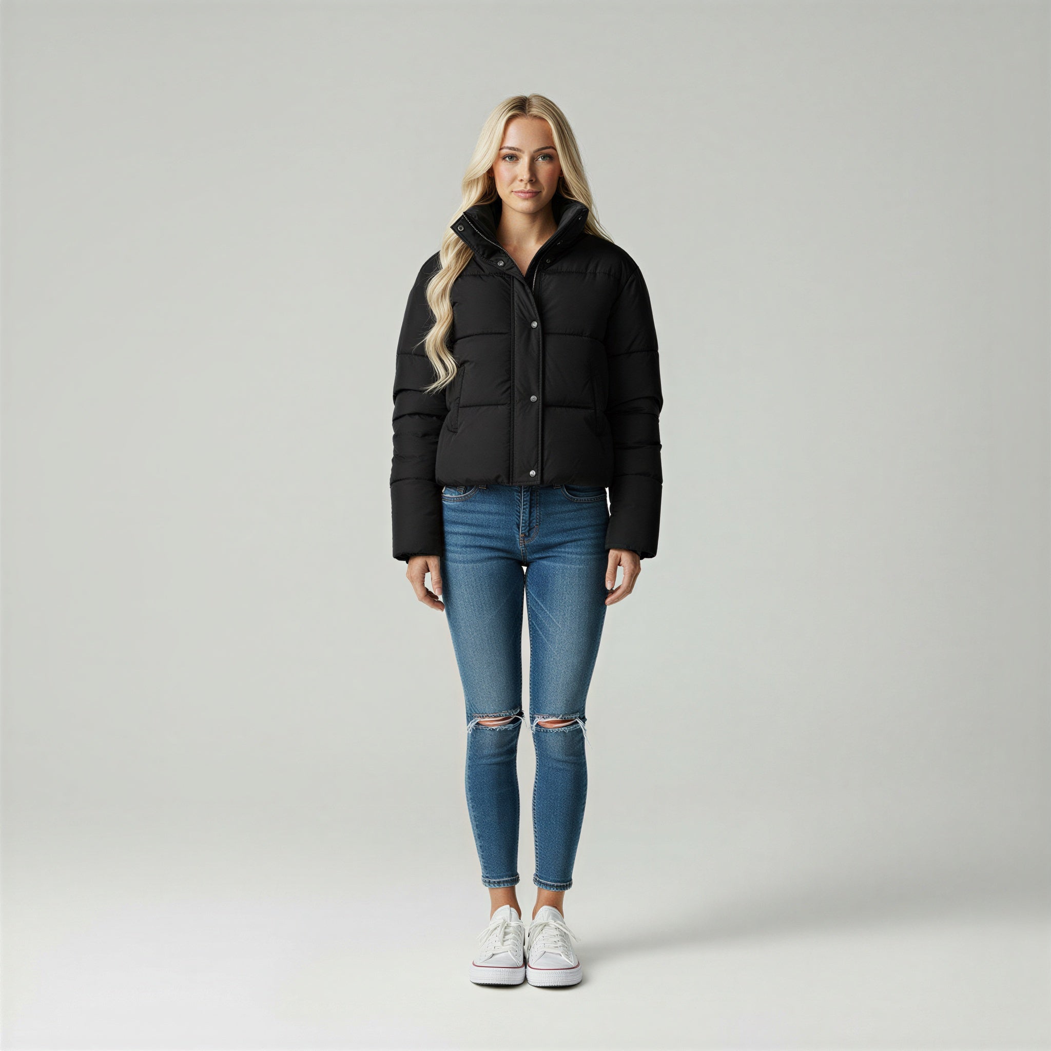 Giacca Puffer Corta e Leggera con Collo Alto e Cerniera per Donna