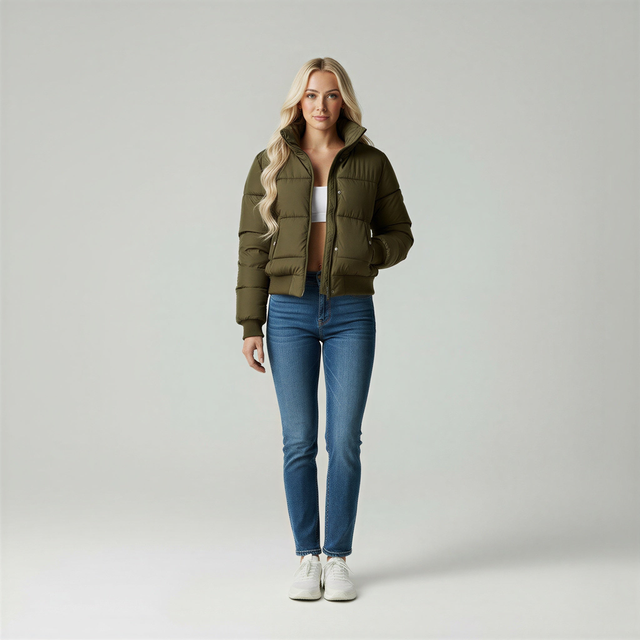 Giacca Puffer Corta e Leggera con Collo Alto e Cerniera per Donna