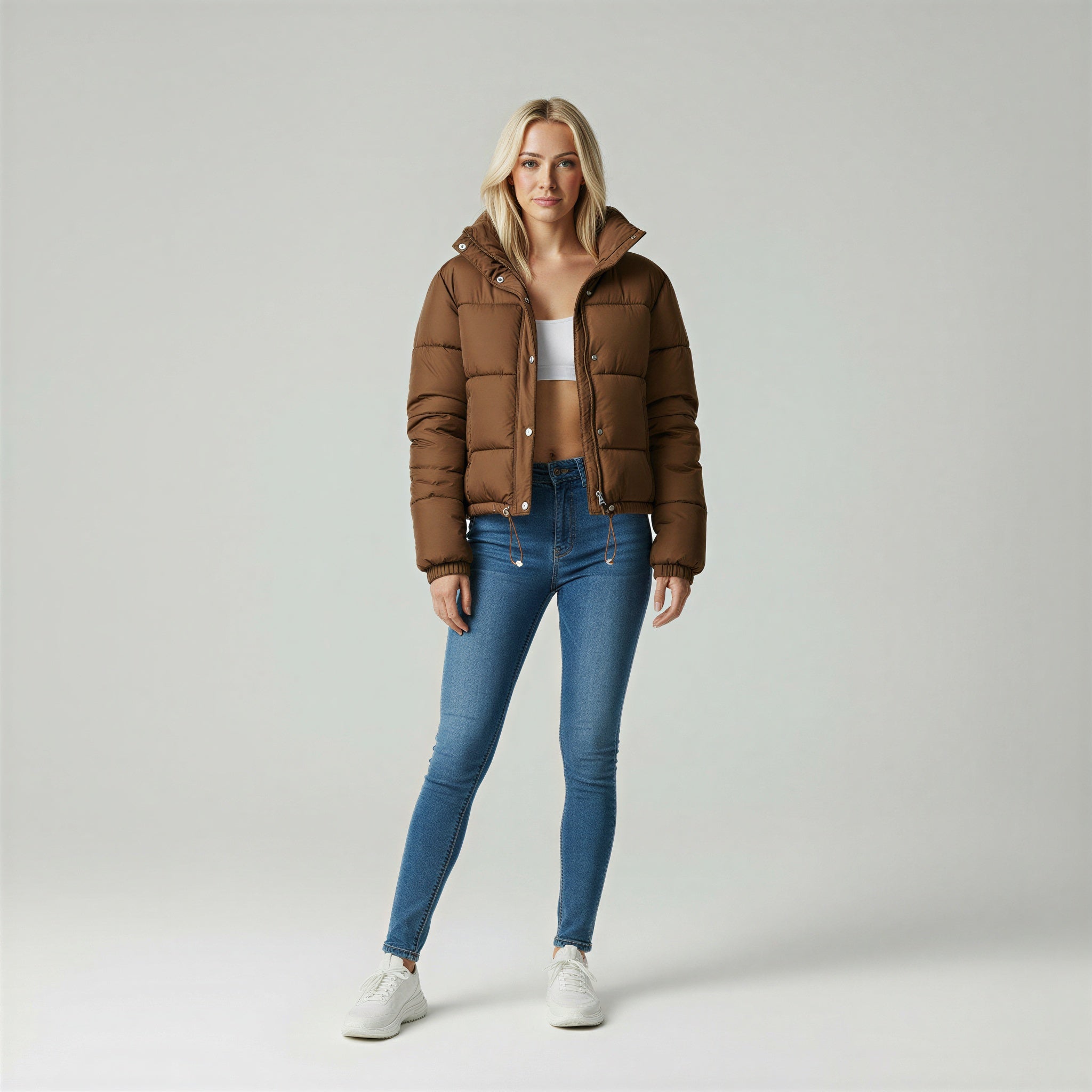 Giacca Puffer Corta e Leggera con Collo Alto e Cerniera per Donna