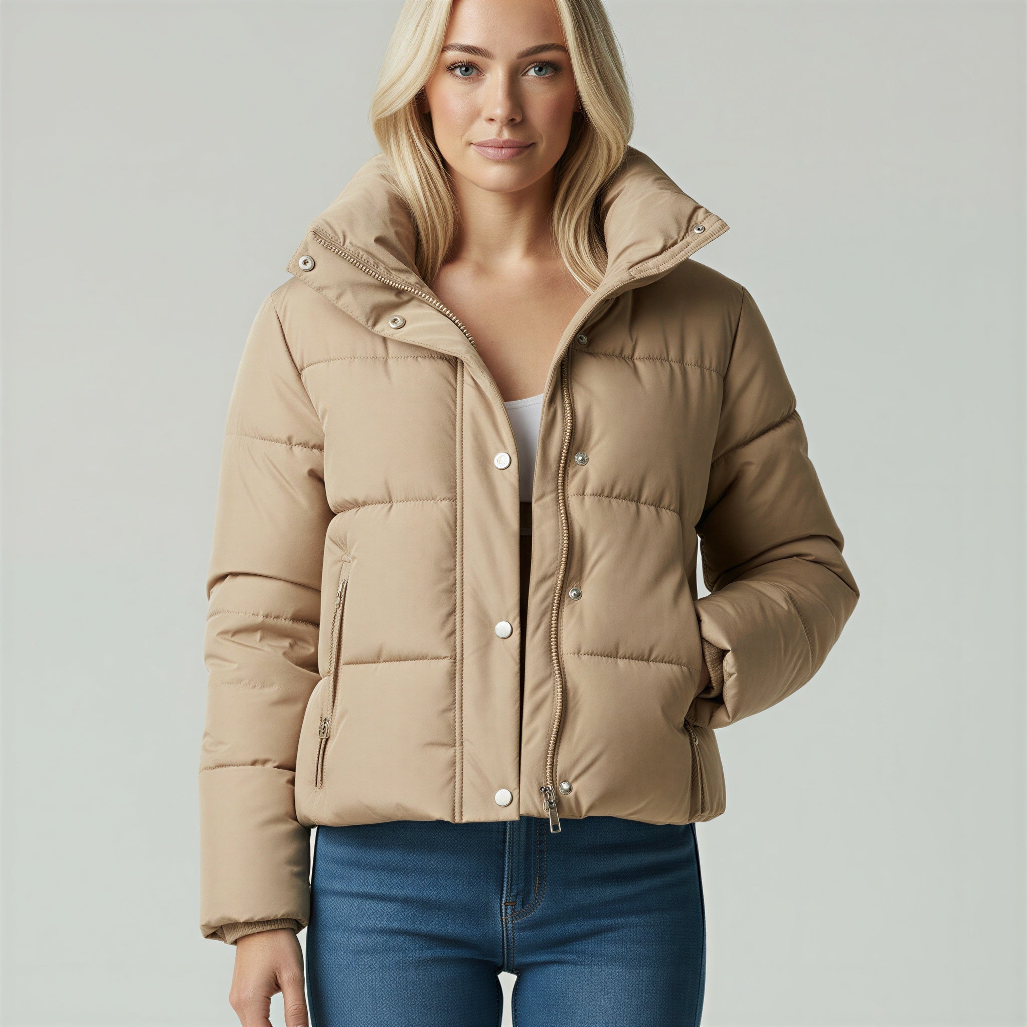 Giacca Puffer Corta e Leggera con Collo Alto e Cerniera per Donna