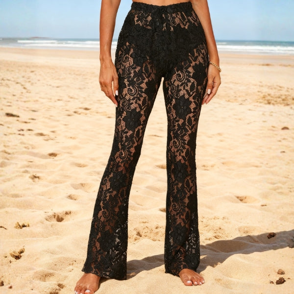 Pantaloni da Donna in Pizzo Floreale con Vita Alta e Gamba Svasata