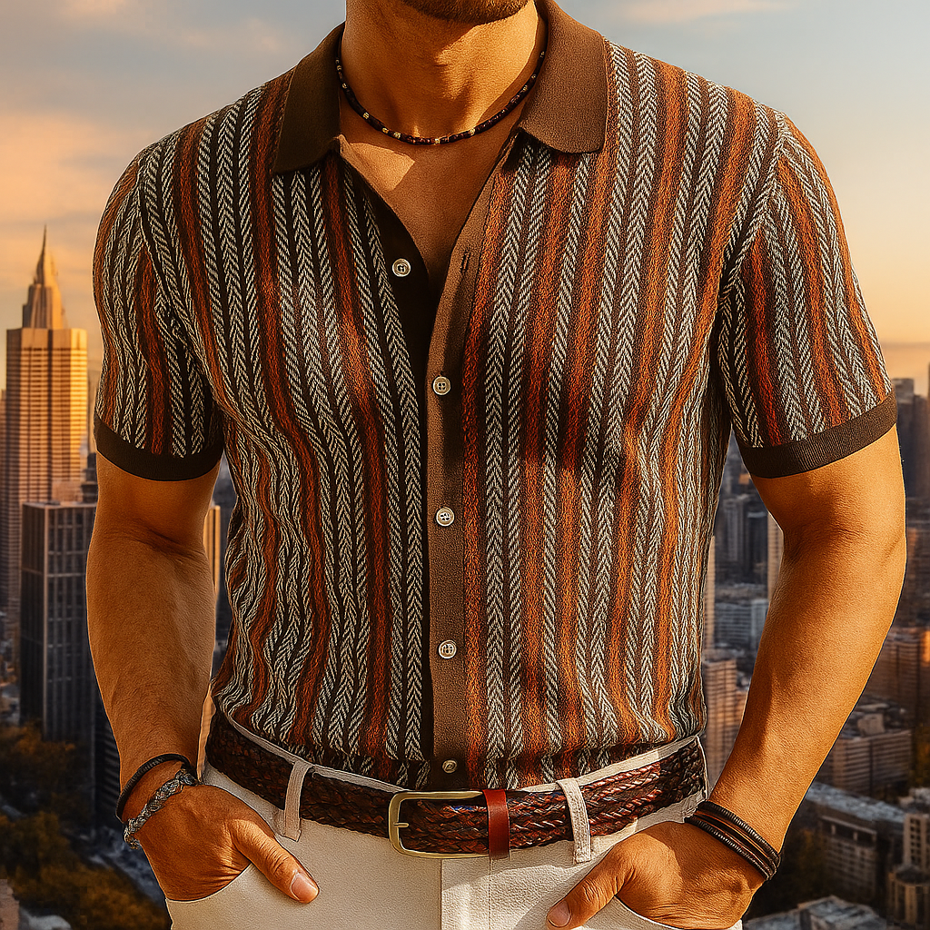 Polo de Punto para Hombre de Manga Corta con Rayas Verticales y Cierre de Botones