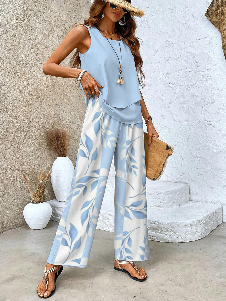 Two-Piece Set with Sleeveless Blouse and Wide-Leg Pants for Women
