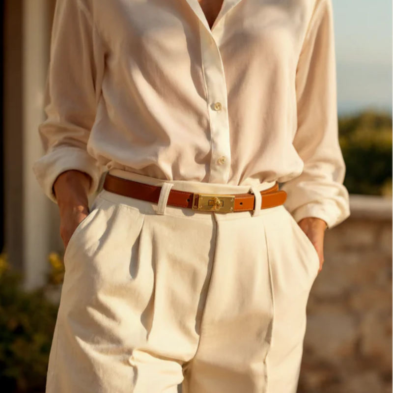 Cintura Sottile in Pelle da Donna con Fibbia Metallica Girevole per Abiti