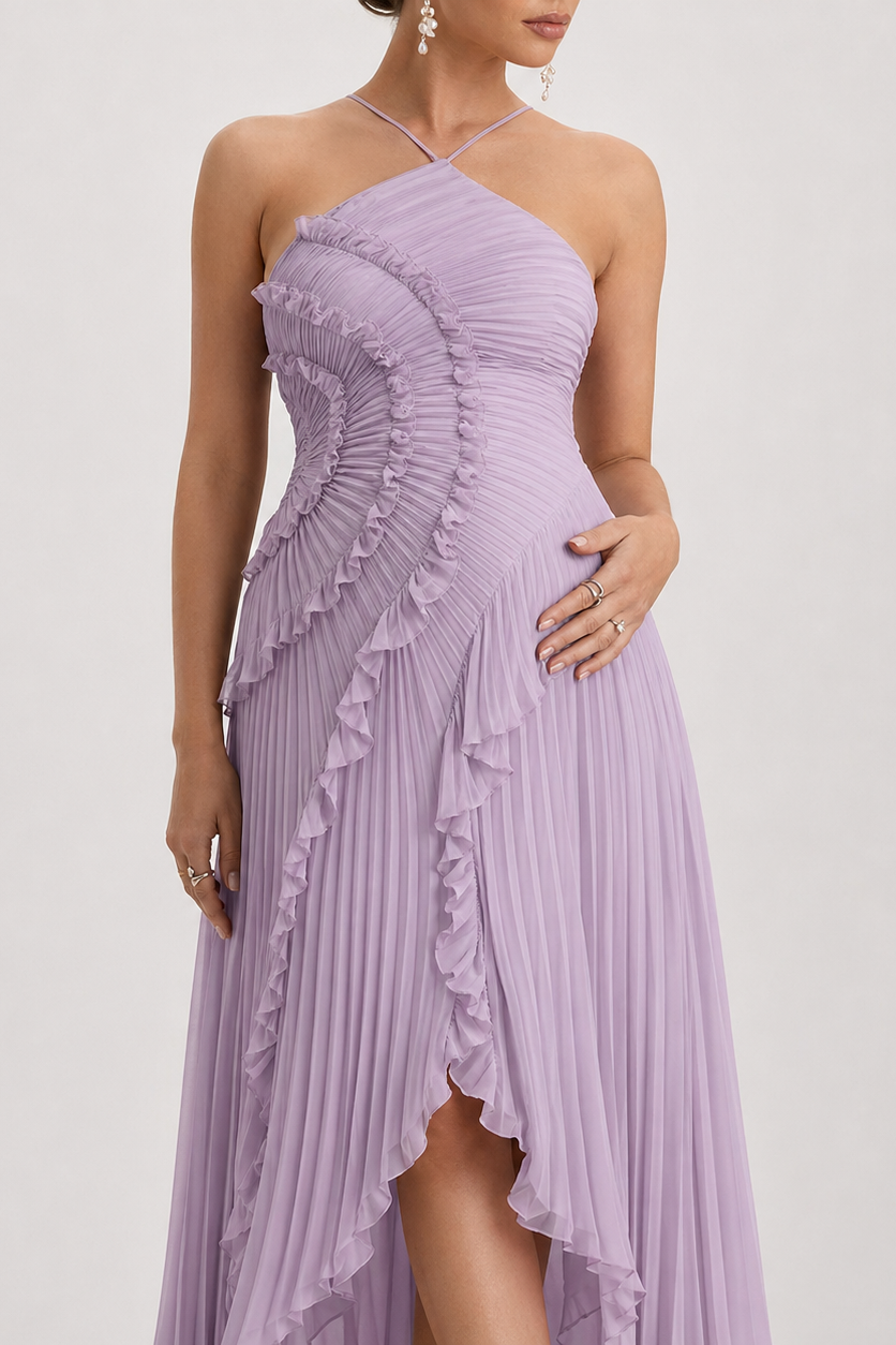 Rochie lungă de maternitate cu gât halter, plisată, cu volane