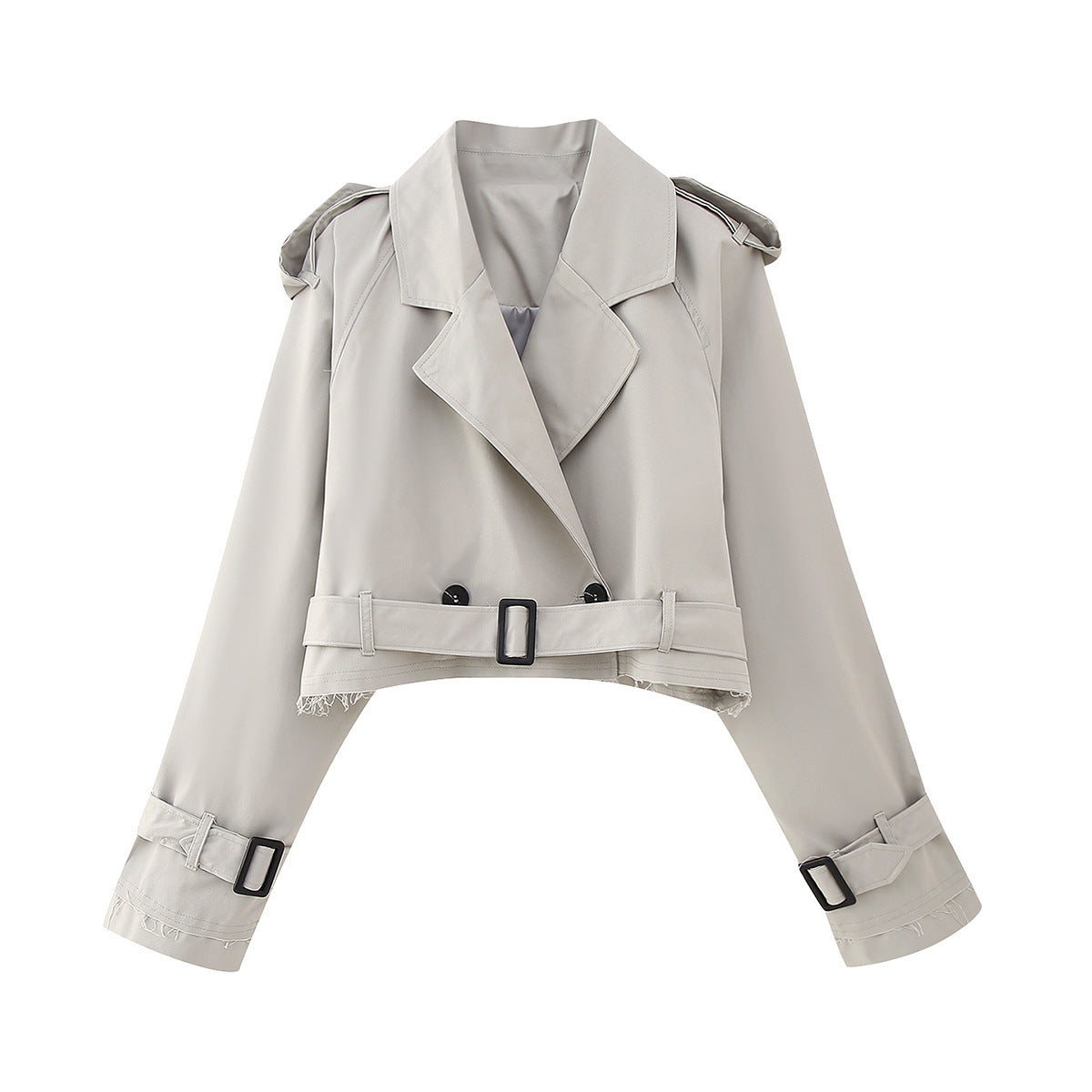 Giacca trench corta con classiche rever e pattine sulle spalle da donna
