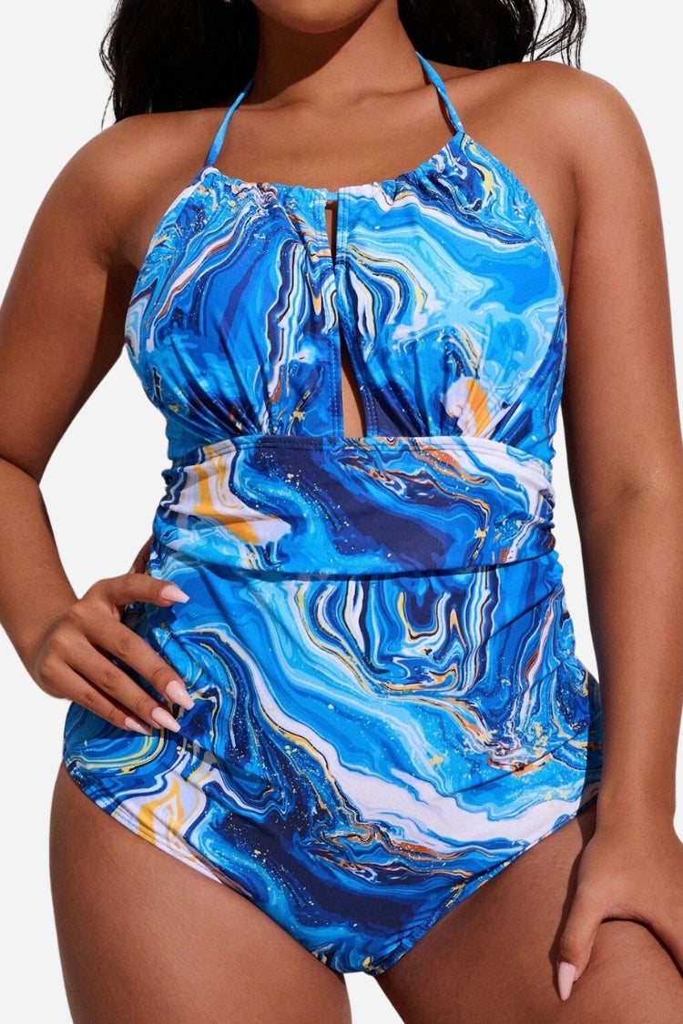 Plus Size One-Piece Swimsuit with Ruched Neckline and Front Slit