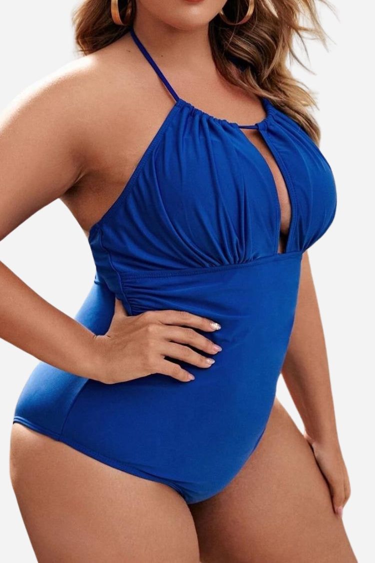 Plus Size One-Piece Swimsuit with Ruched Neckline and Front Slit