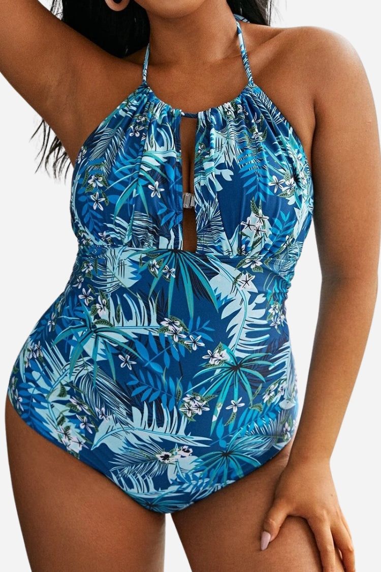 Plus Size One-Piece Swimsuit with Ruched Neckline and Front Slit