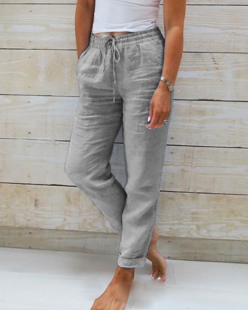 Pantaloni in Lino e Cotone con Vita Elastica e Coulisse da Donna