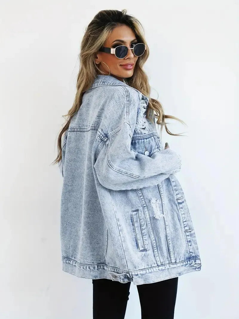 Giacca Jeans Oversize in Cotone con Effetto Lavato e Dettagli Usurati