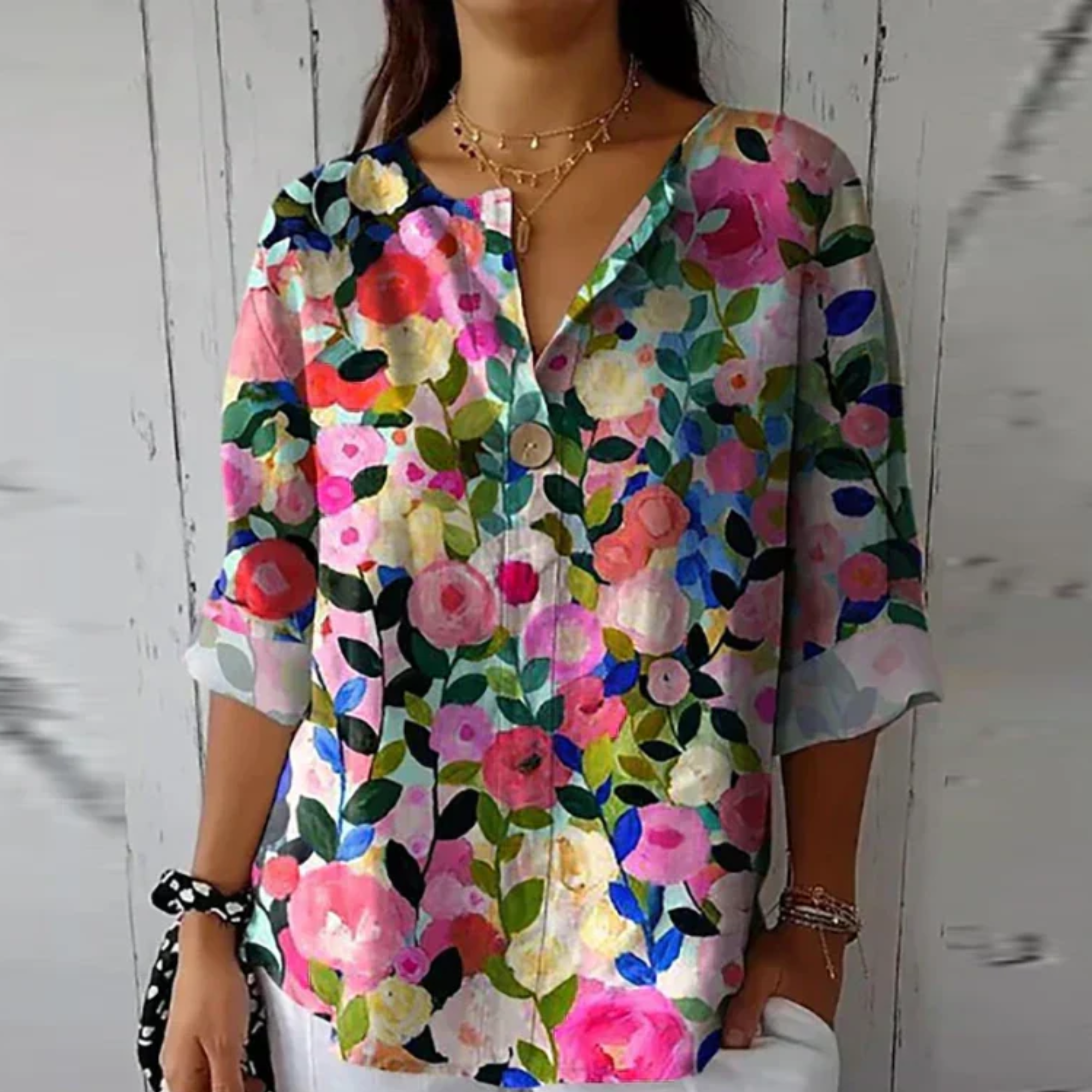 Blouse fleurie femme — manches 3/4 avec boutons — usage quotidien