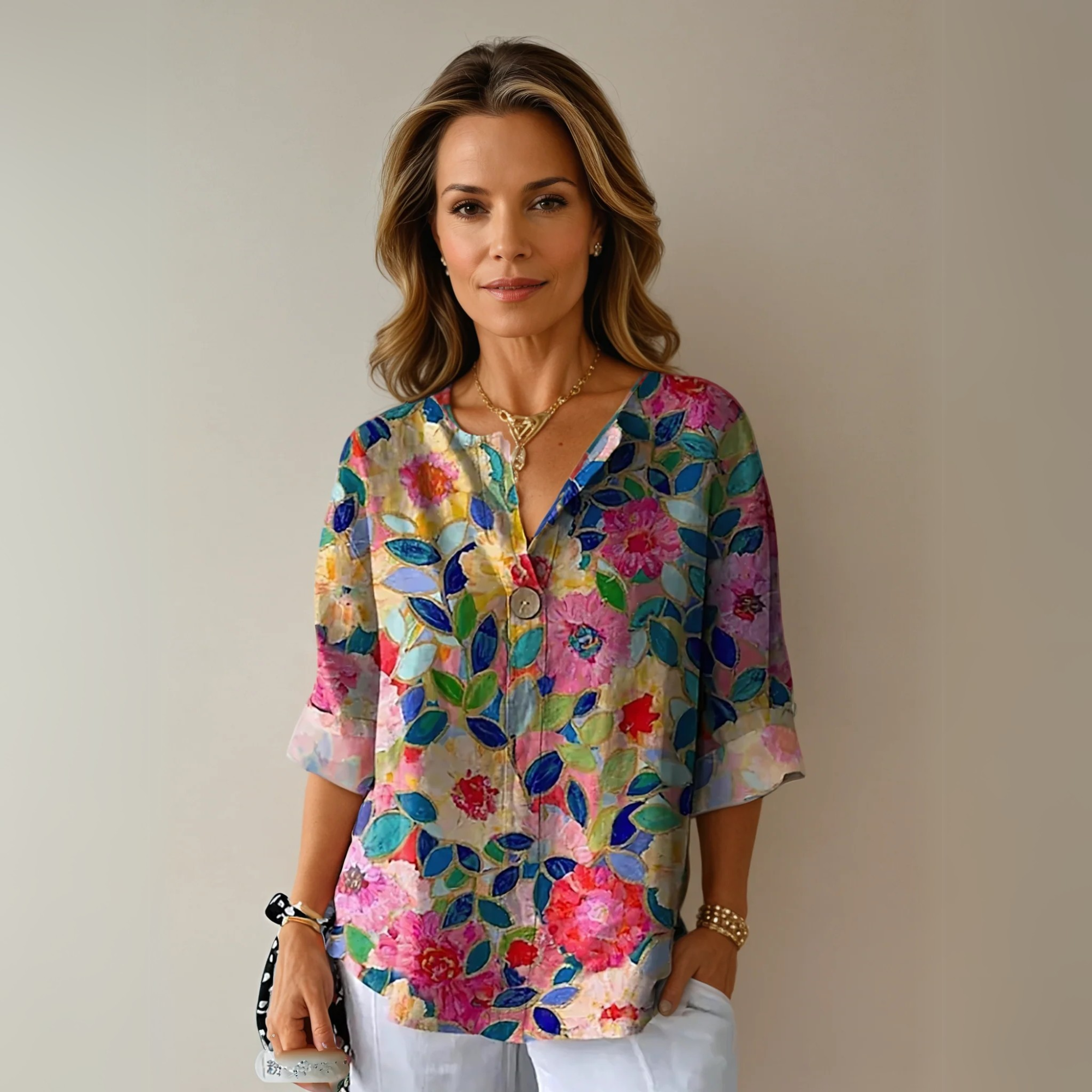 Blouse fleurie femme — manches 3/4 avec boutons — usage quotidien