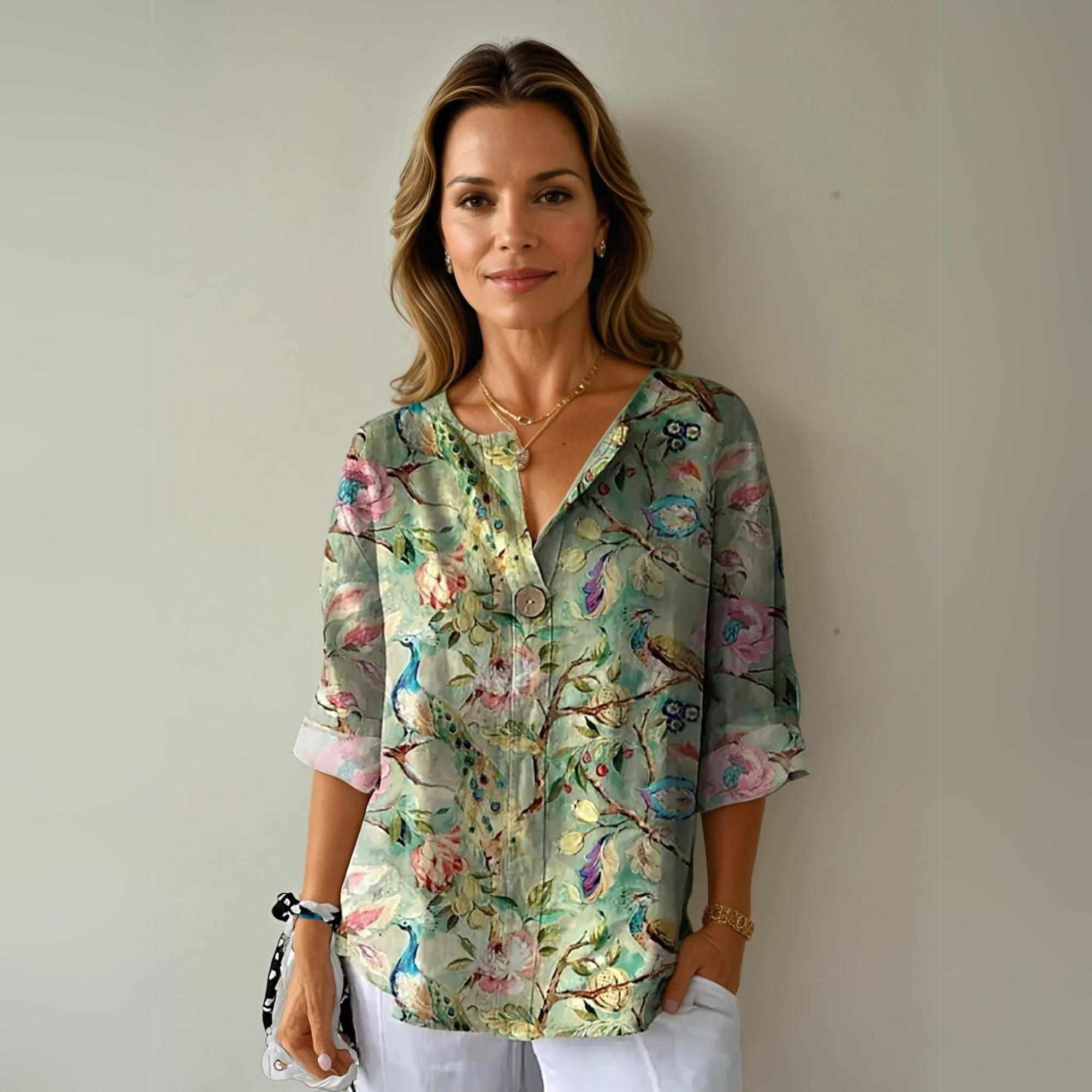 Blouse fleurie femme — manches 3/4 avec boutons — usage quotidien