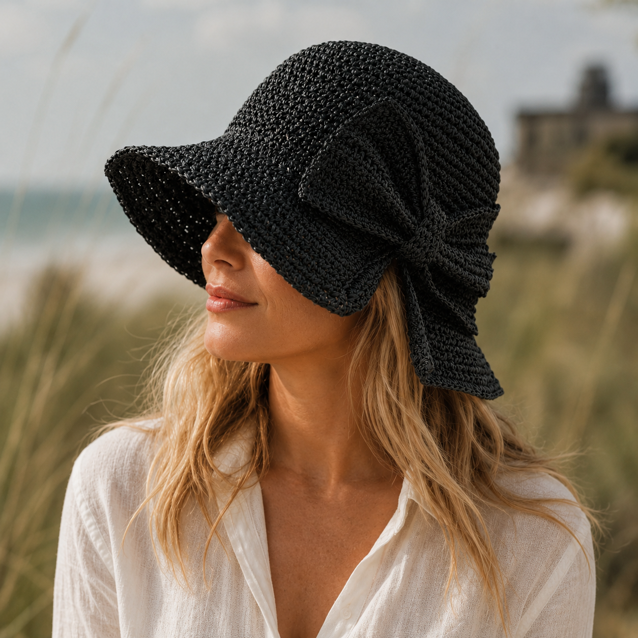 Women's bucket hat - short brim with bow - casual beach style