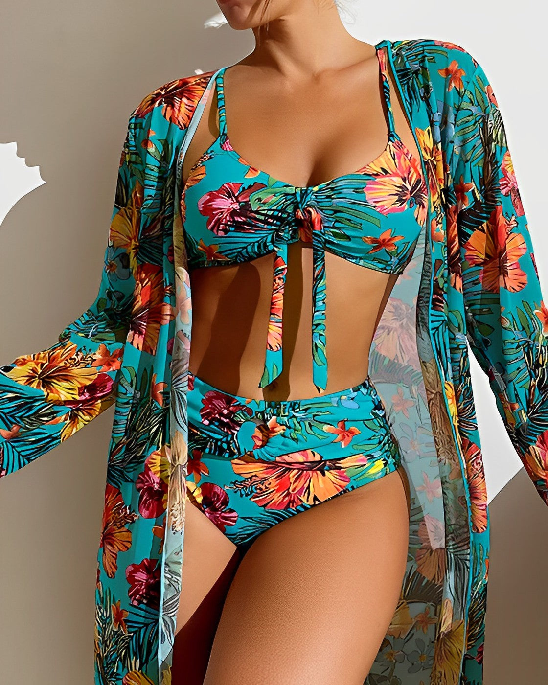 3-Piece Women's Bikini with Botanical Print and Beach Kimono