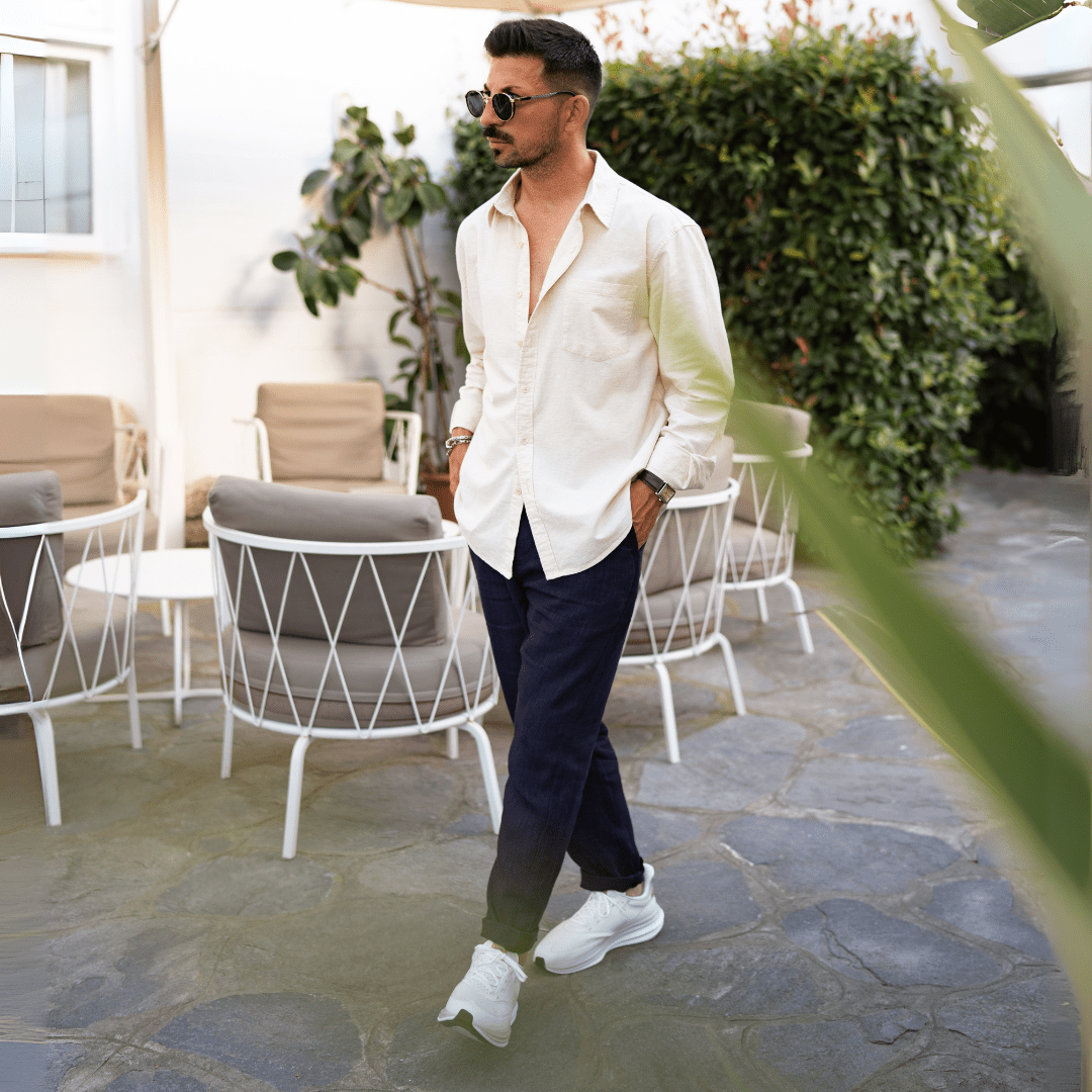 Cămașă din Bumbac și In pentru Bărbați cu Mâneci Lungi, Guler cu Rever și Nasturi