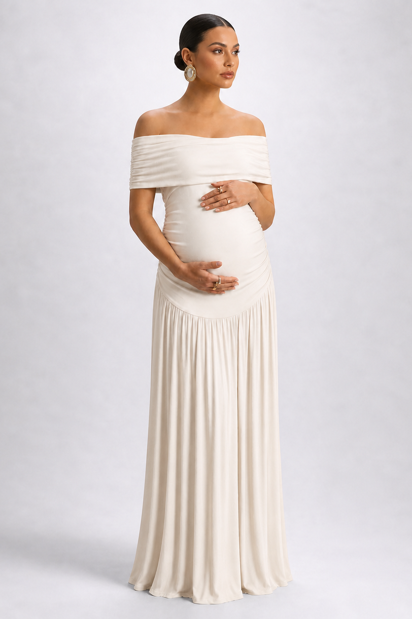Rochie de maternitate lungă, elegantă, cu umerii goi