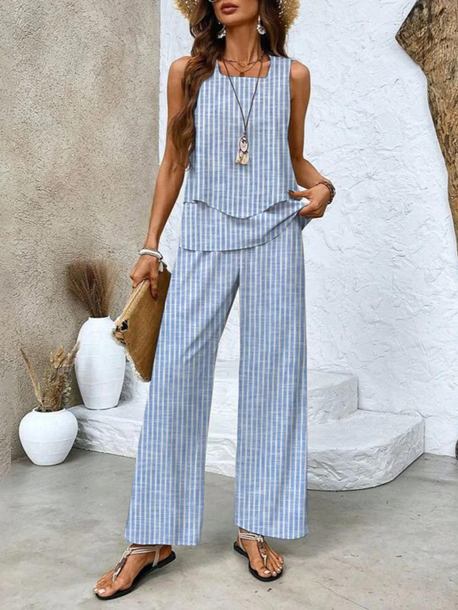 Two-Piece Set with Sleeveless Blouse and Wide-Leg Pants for Women