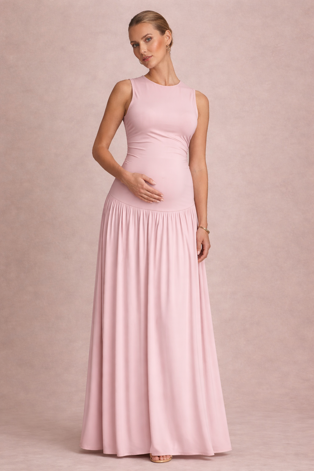 Rochie lungă elegantă de maternitate fără mâneci
