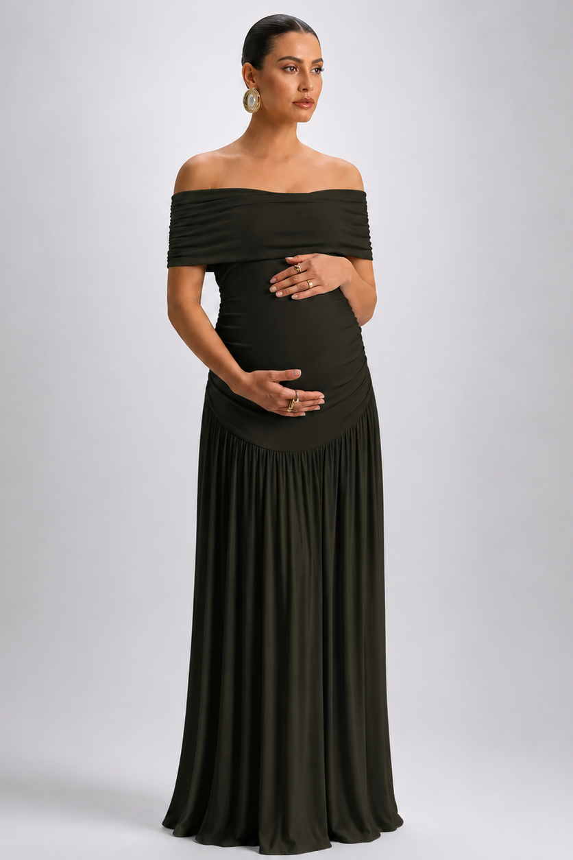Rochie de maternitate lungă, elegantă, cu umerii goi