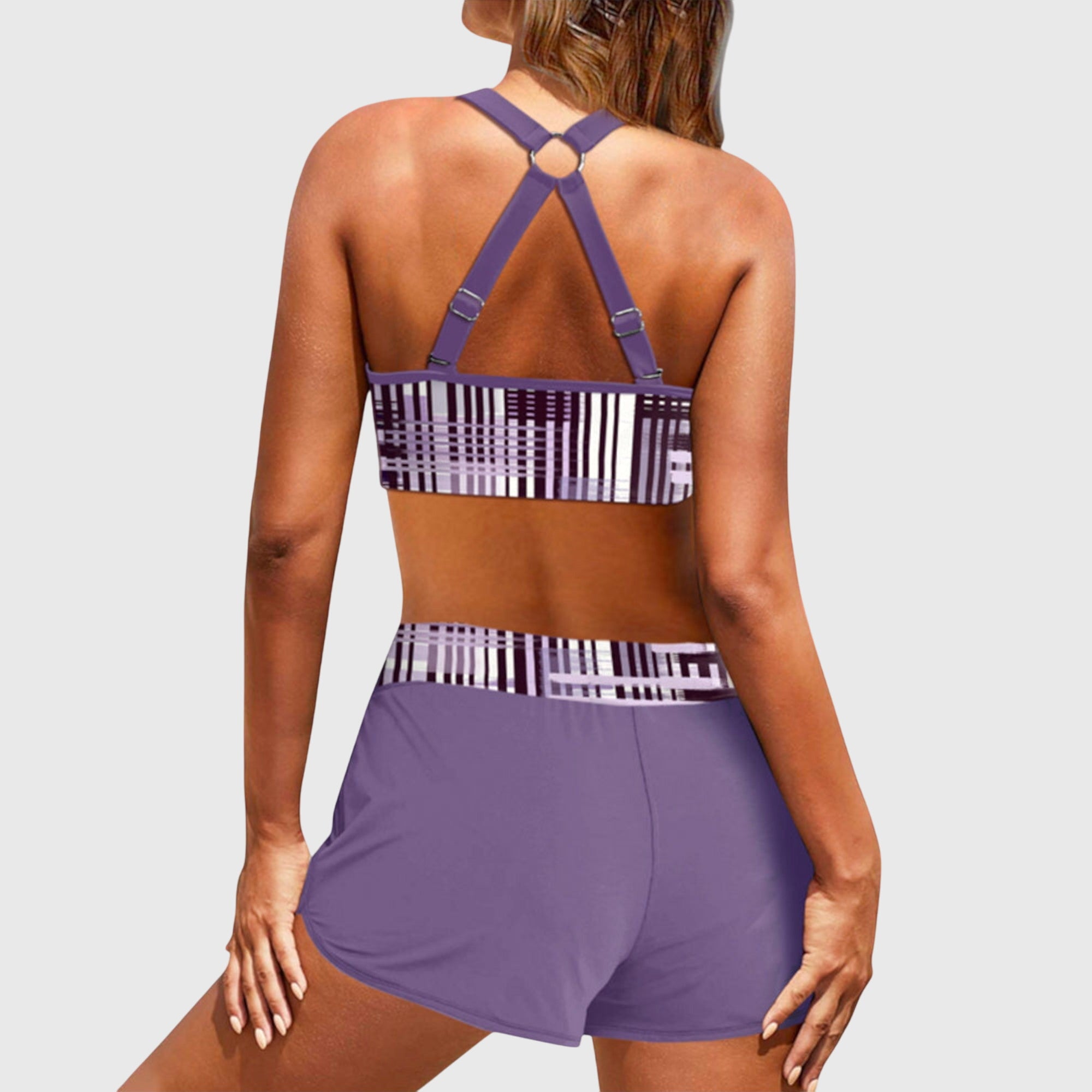 Bordázott magas derekú bikini | két részes fürdőruha szett strandhoz