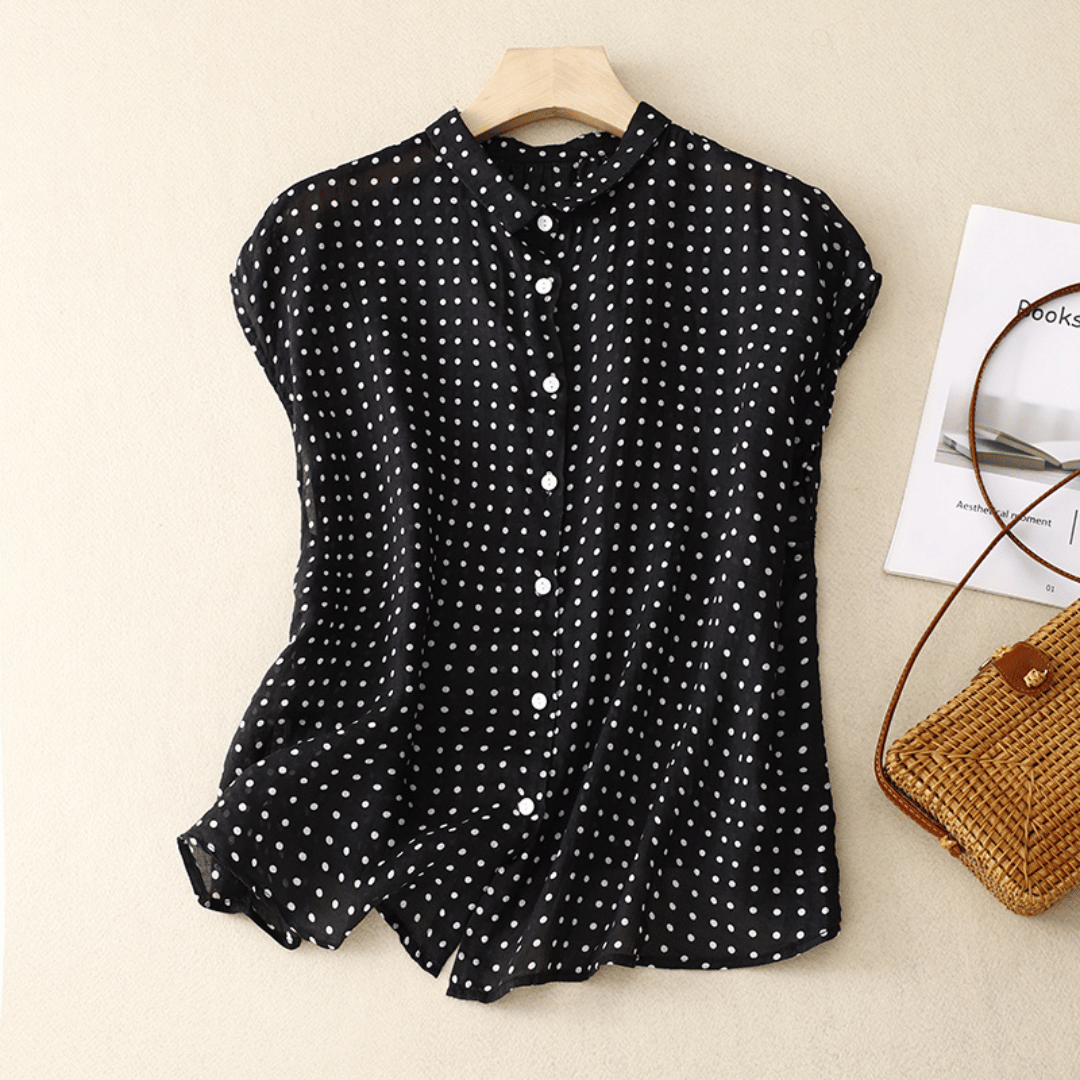 Camicia in Cotone e Lino a Maniche Corte con Stampa a Pois da Donna