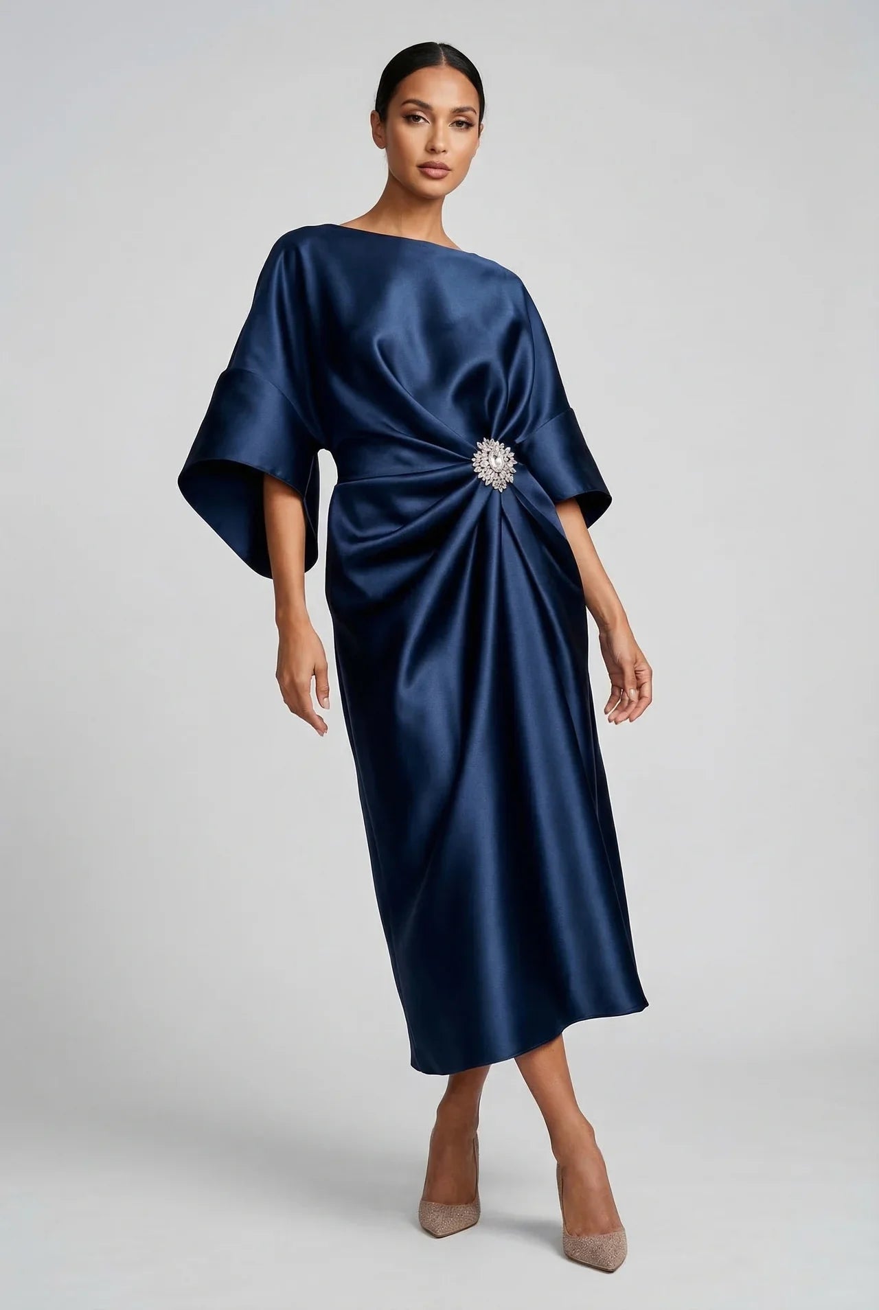 Satin Midi Dress for Wedding Guest with Batwing Sleeves and Jewel Brooch