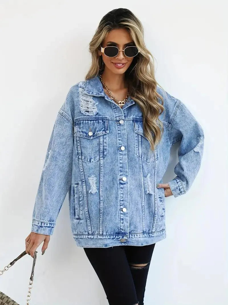 Giacca Jeans Oversize in Cotone con Effetto Lavato e Dettagli Usurati