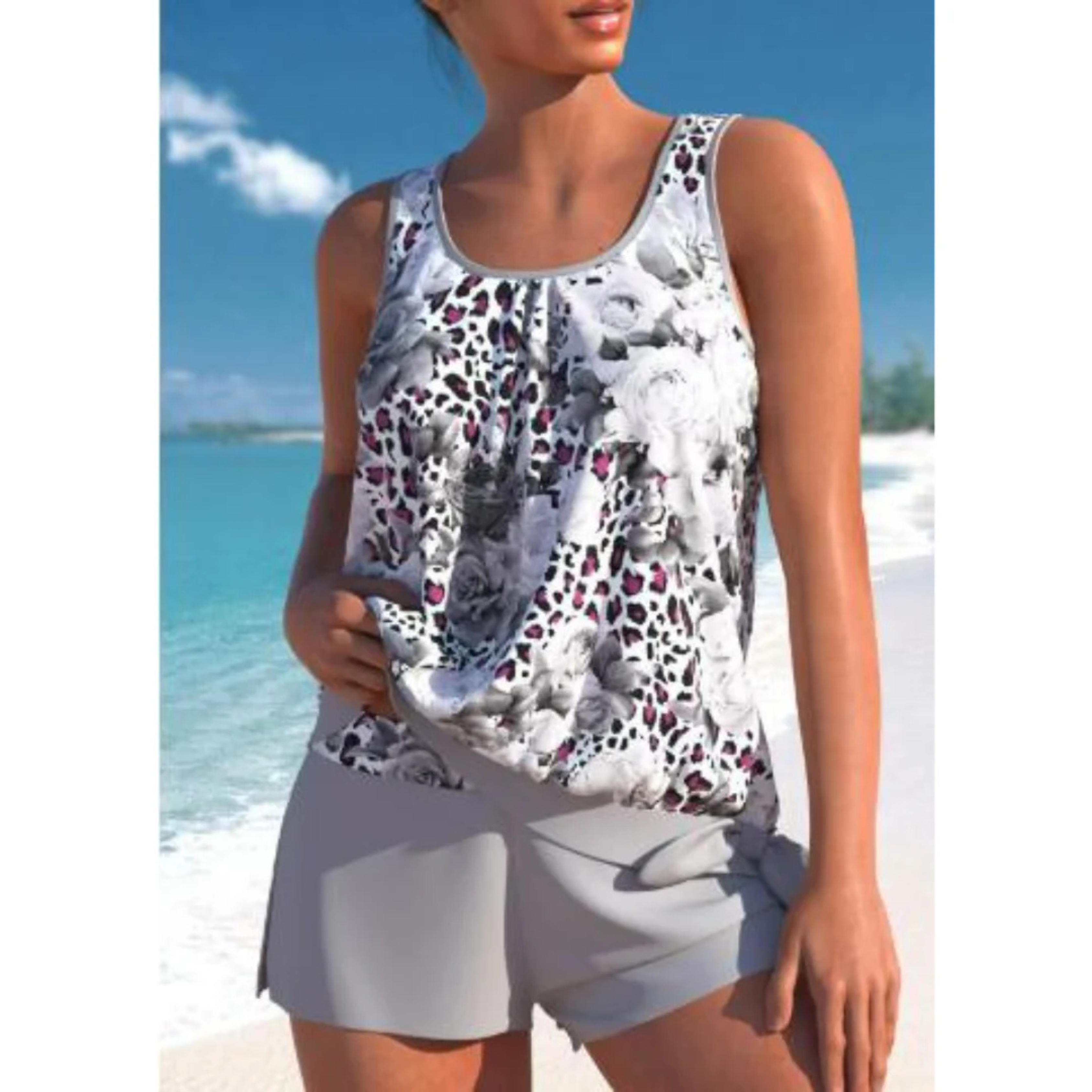 Maillot tankini deux pièces à imprimé floral avec pantalon couvrant intégralement