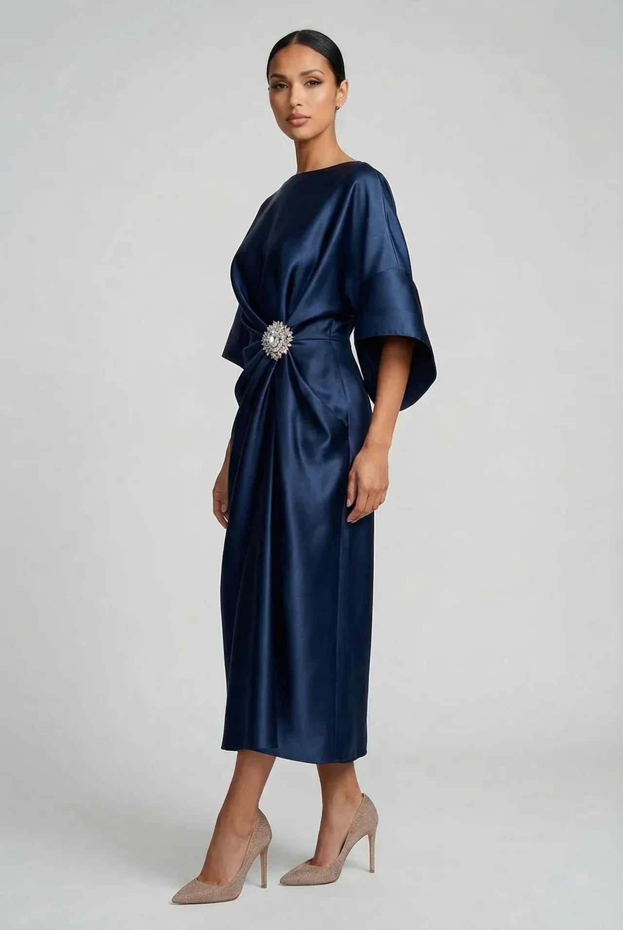 Satin Midi Dress for Wedding Guest with Batwing Sleeves and Jewel Brooch
