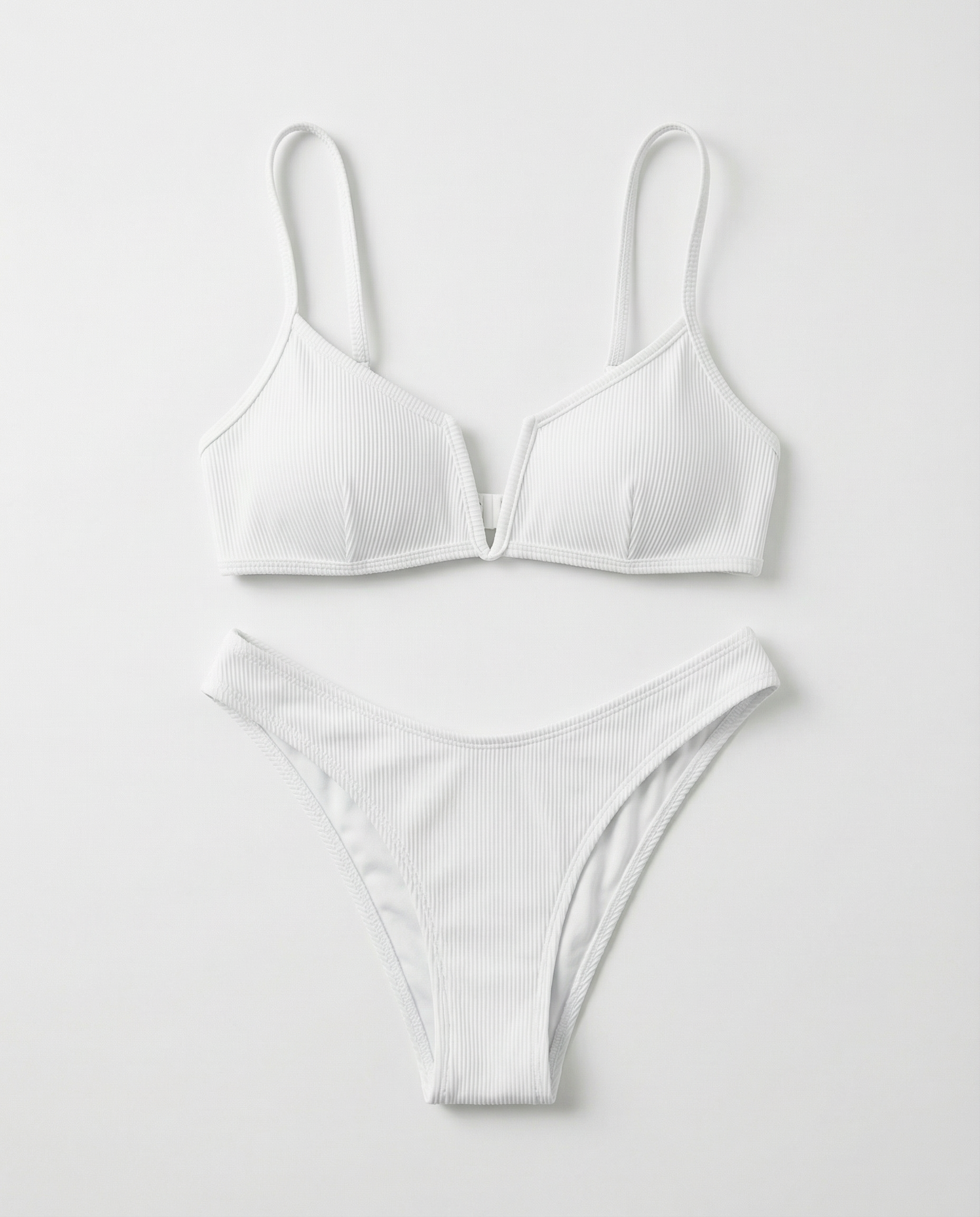 Two-Piece Ribbed Fabric Bikini with Push-Up Top and Thin Straps
